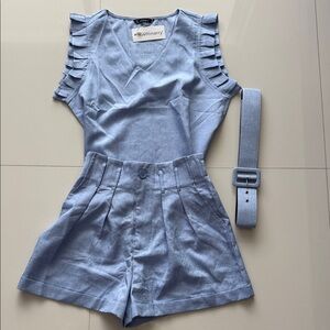 Blue Ruffled Sleeveless Romper with Belt